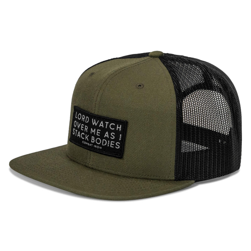 Load image into Gallery viewer, Lord Watch Over Me As I Stack Bodies Patch Flatbill SnapBack Hat
