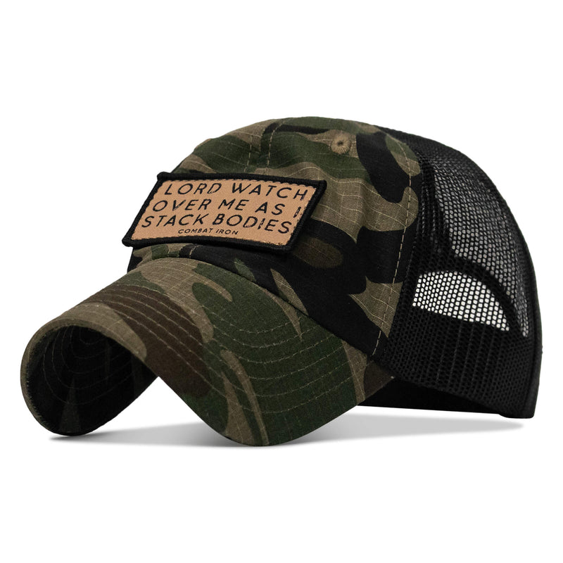 Load image into Gallery viewer, Lord Watch Over Me As I Stack Bodies Tan Patch Tactical Ripstop Mesh Snapback Hat
