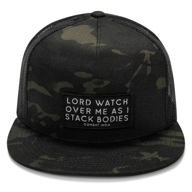 Load image into Gallery viewer, Lord Watch Over Me As I Stack Bodies Patch Flatbill SnapBack Hat

