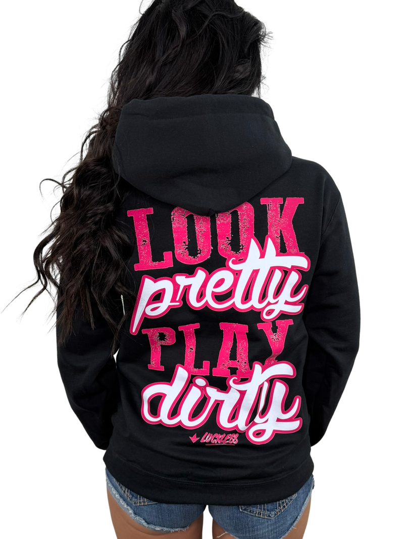 Load image into Gallery viewer, Look Pretty Play Dirty Hoodie | Black and Pink
