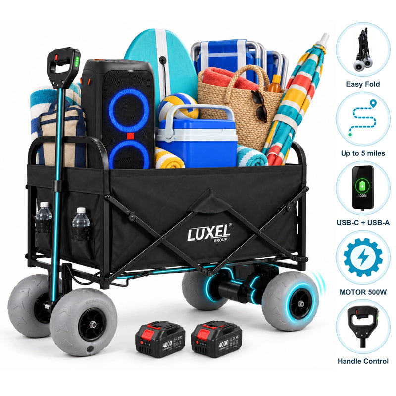 Load image into Gallery viewer, Electric Beach Wagon 500W – Motorized Folding Cart with Balloon Wheels Black
