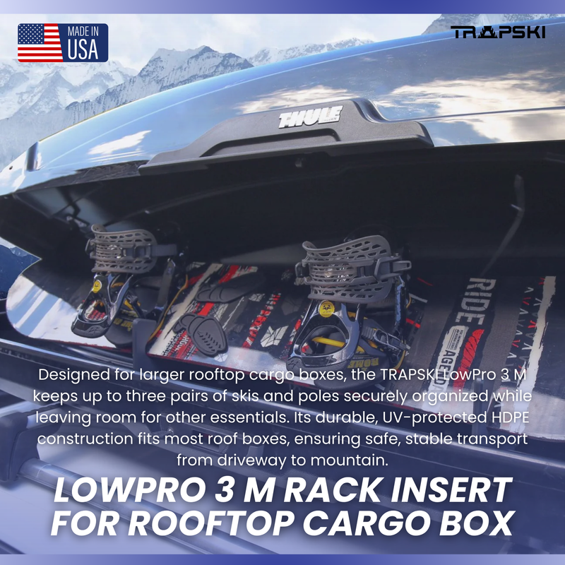 Load image into Gallery viewer, TRAPSKI LowPro 3 M Ski and Snowboard Rack Insert for Rooftop Cargo Box | High Quality Marine Grade HDPE Plastic | UV Protected | Premium Strap Included | 3 Year Warranty | Made in the USA
