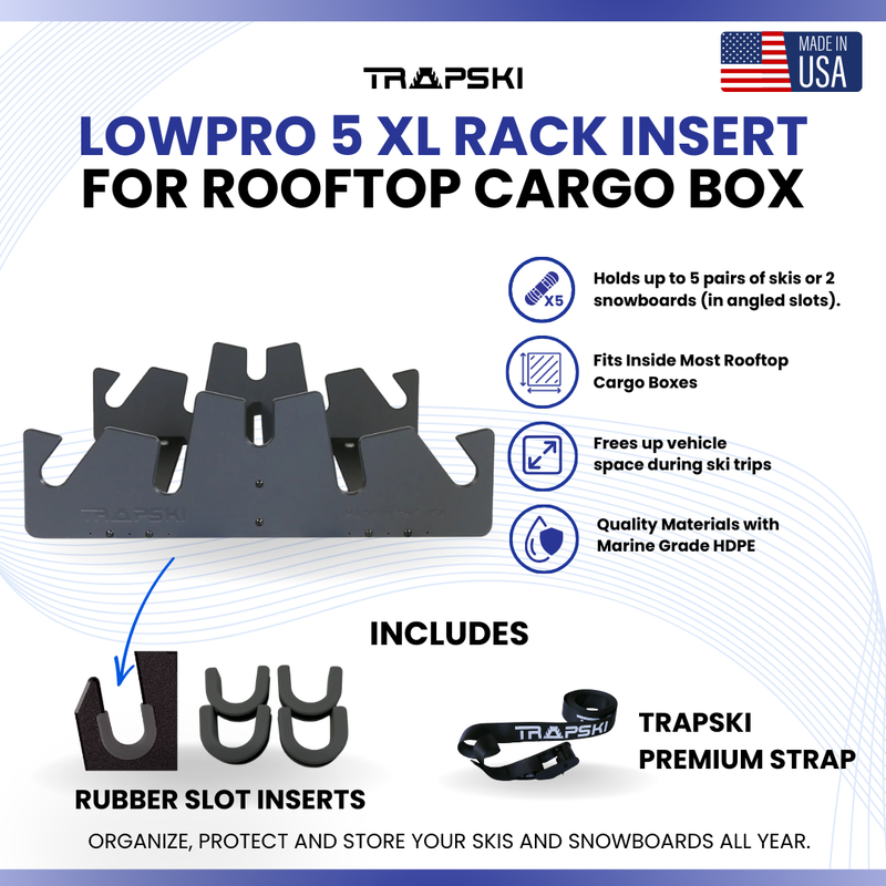 Load image into Gallery viewer, TRAPSKI LowPro 5 XL Ski and Snowboard Rack Insert for Rooftop Cargo Box | High Quality Marine Grade HDPE Plastic | Premium Strap Included | 3 Year Warranty | Made in the USA | Veteran Owned Business
