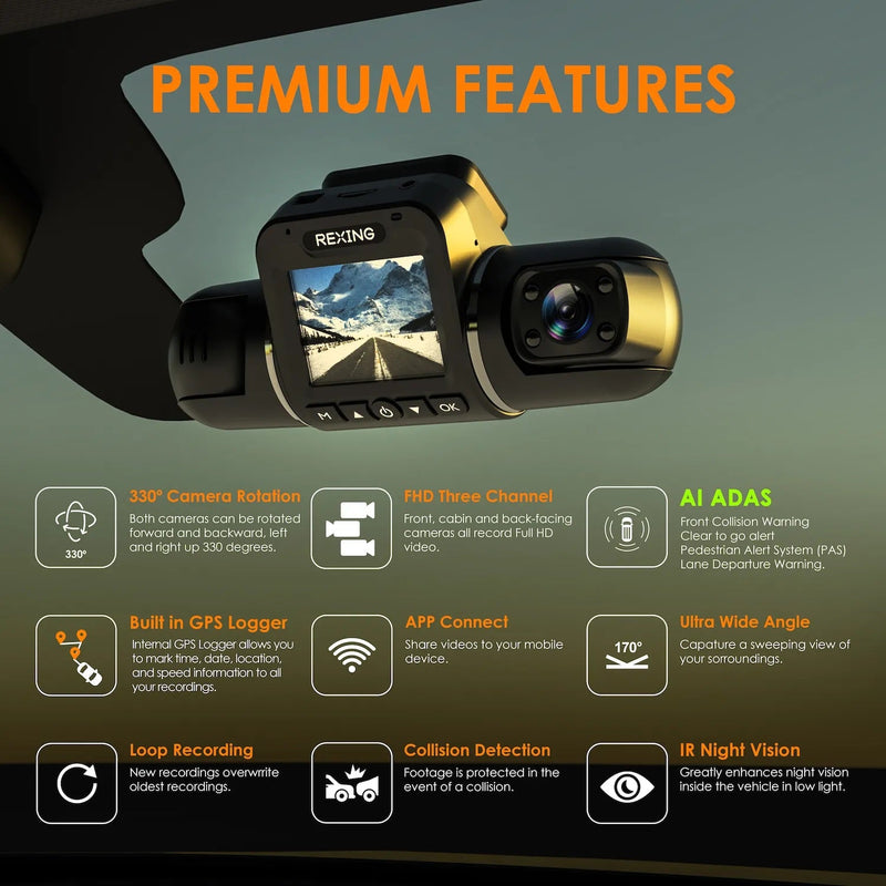 Load image into Gallery viewer, Rexing V2 PRO AI Dash Cam, 3-Channel Front/Cabin/Rear 1080p Recording with Wi-Fi and GPS

