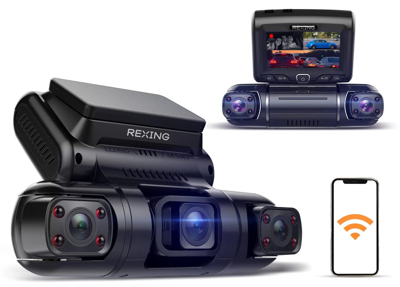 Load image into Gallery viewer, Rexing S3 3-Channel Dash Cam Front, Cabin, Sides 1080P+1080p+1080p with Wi-Fi and GPS
