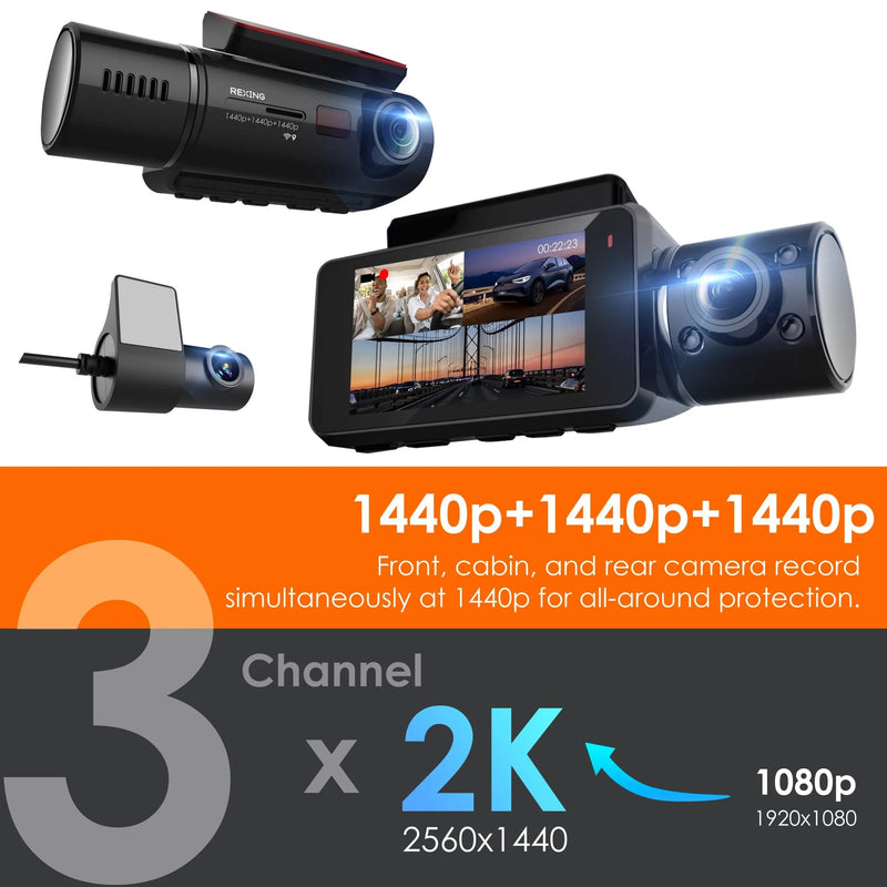 Load image into Gallery viewer, Rexing V33 3 Channel 1440p+1440p+1440p Front, Cabin and Rear Camera Dashcam with Built-in Wi-Fi &amp; GPS
