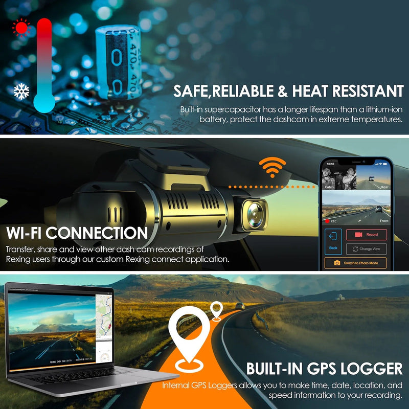 Load image into Gallery viewer, Rexing V2 PRO AI Dash Cam, 3-Channel Front/Cabin/Rear 1080p Recording with Wi-Fi and GPS

