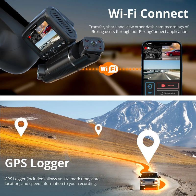 Load image into Gallery viewer, Rexing S3 3-Channel Dash Cam Front, Cabin, Sides 1080P+1080p+1080p with Wi-Fi and GPS
