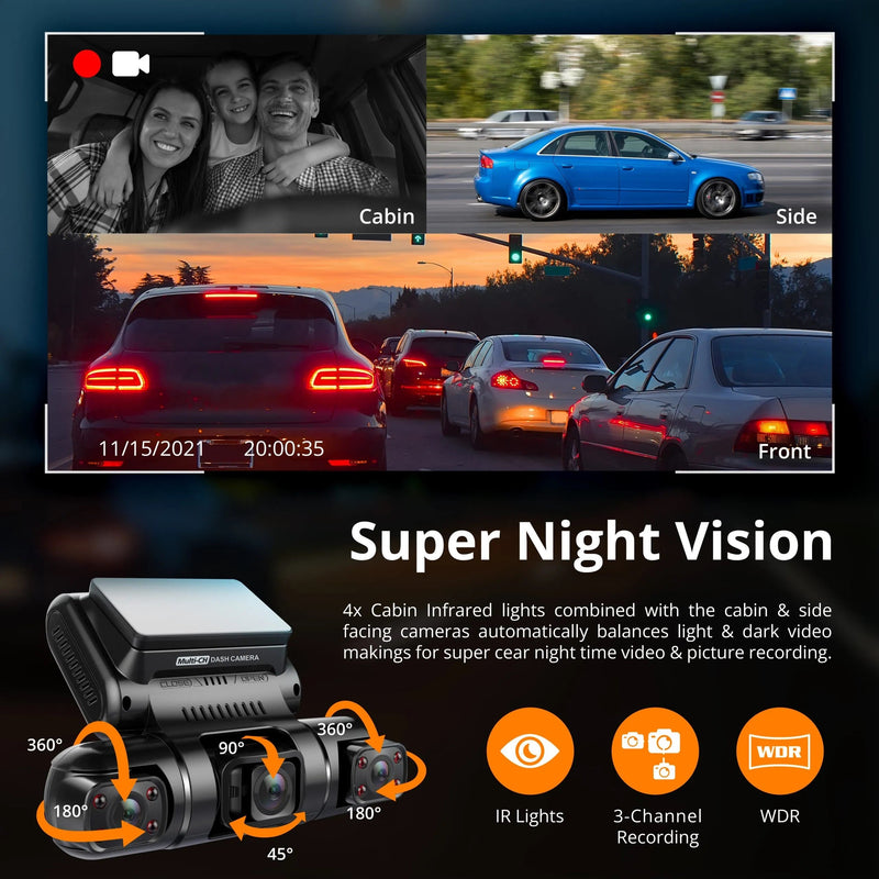 Load image into Gallery viewer, Rexing S3 3-Channel Dash Cam Front, Cabin, Sides 1080P+1080p+1080p with Wi-Fi and GPS

