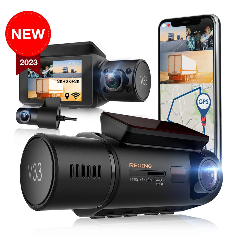 Load image into Gallery viewer, Rexing V33 3 Channel 1440p+1440p+1440p Front, Cabin and Rear Camera Dashcam with Built-in Wi-Fi &amp; GPS
