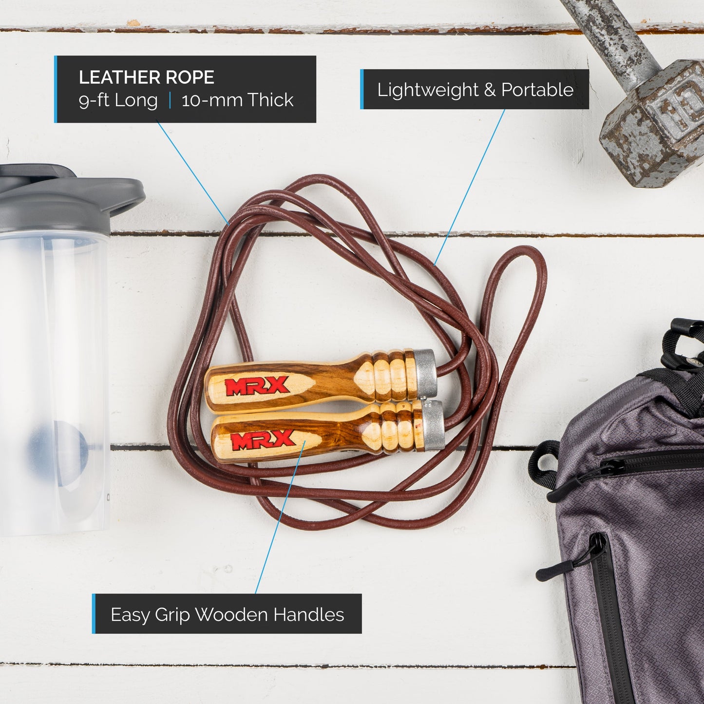 MRX Heavy Duty Leather Jump Rope Wood Handle
