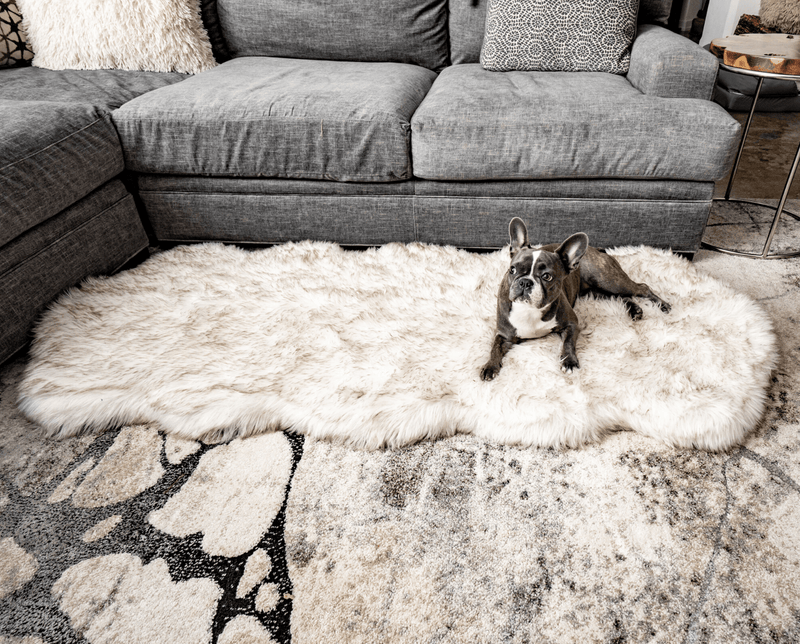 Load image into Gallery viewer, PupRug® Runner Faux Fur Memory Foam Dog Bed - Curve White with Brown Accents
