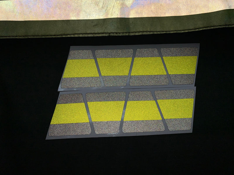 Load image into Gallery viewer, MATTE BLACK WITH MATTE FLUORESCENT YELLOW LINE TRIPLE STRIPE REFLECTIVE HELMET (TET) TETRAHEDRON 8 PACK
