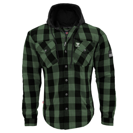 Protective Flannel Hoodie For Men - Dark Green and Black Checkered with Pads