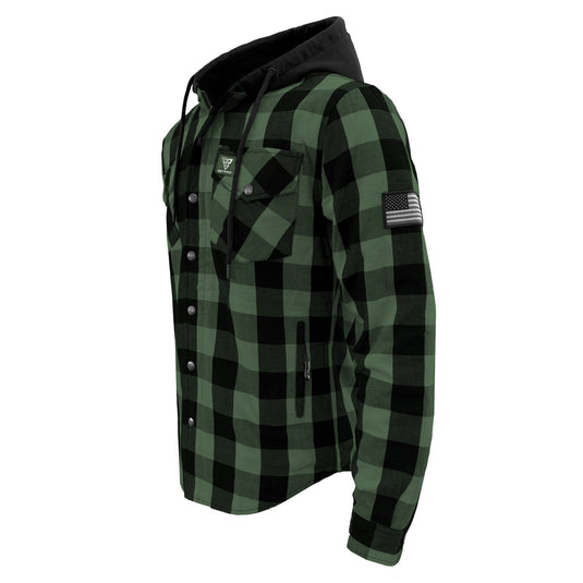Protective Flannel Hoodie For Men - Dark Green and Black Checkered with Pads