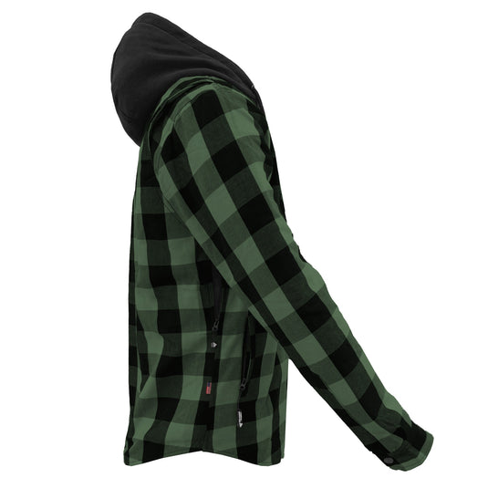Protective Flannel Hoodie For Men - Dark Green and Black Checkered with Pads