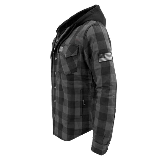 Protective Flannel Hoodie For Men - Grey and Black Checkered with Pads