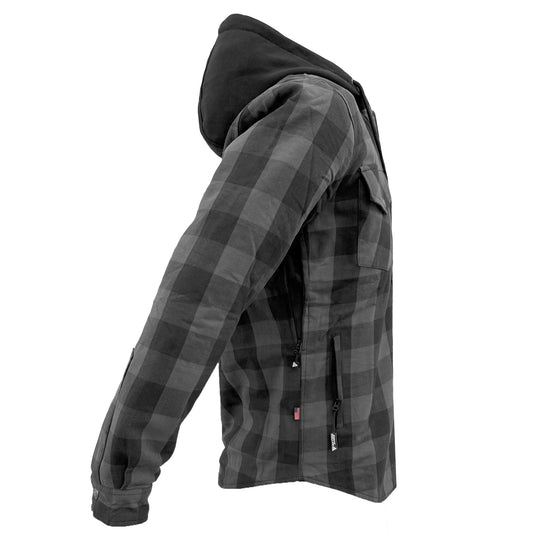 Protective Flannel Hoodie For Men - Grey and Black Checkered with Pads