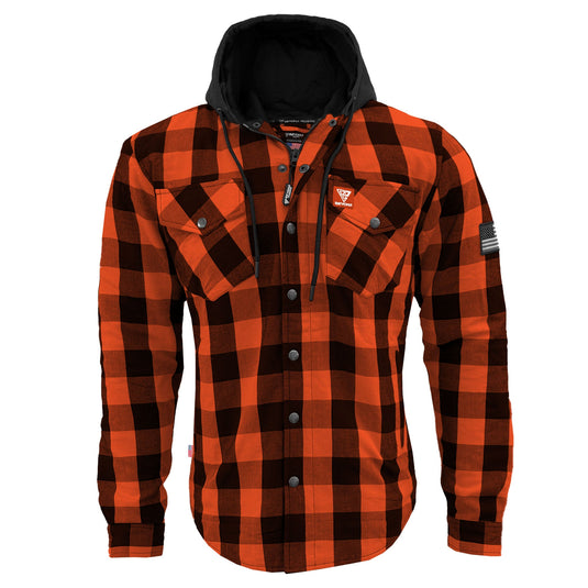Protective Flannel Hoodie For Men - Orange and Black Checkered with Pads