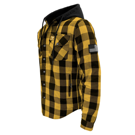 Protective Flannel Hoodie For Men - Yellow and Black Checkered with Pads