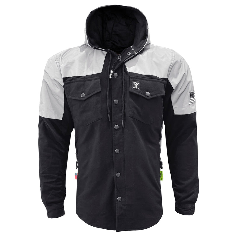 Load image into Gallery viewer, Protective Reflective Flannel Hoodie "Alloy Eclipse" For Men - Black and Silver
