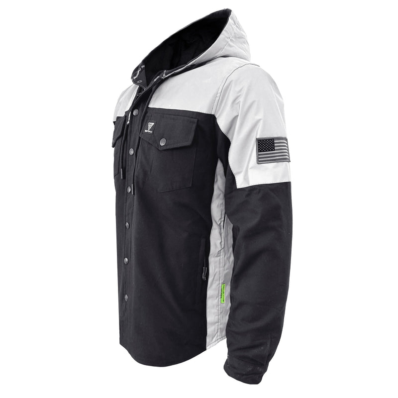 Load image into Gallery viewer, Protective Reflective Flannel Hoodie "Alloy Eclipse" For Men - Black and Silver
