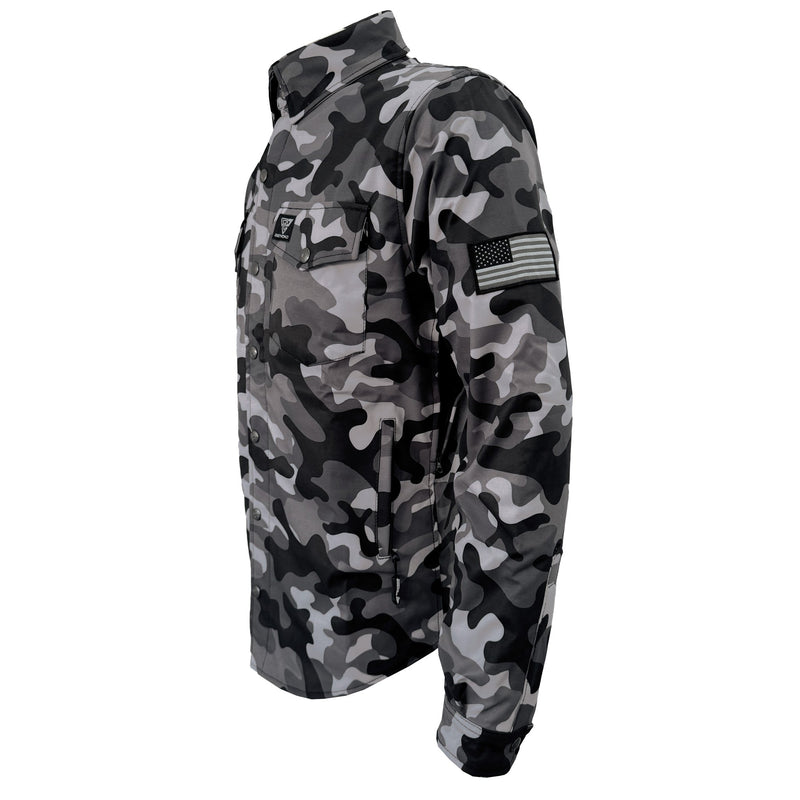 Load image into Gallery viewer, Protective SoftShell Winter Jacket for Men - Camouflage Gray Boomer with Pads
