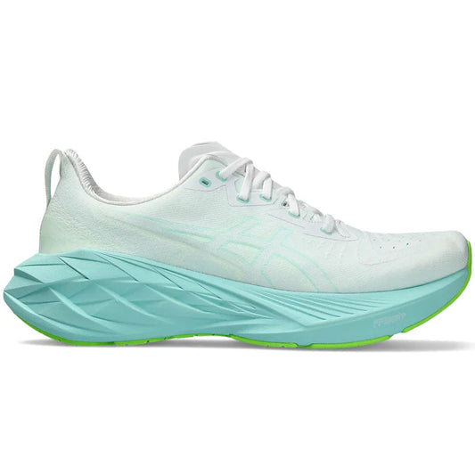 Men's Asics Novablast 4, White/Illuminate Mint, 15 D Medium - Skoutley Outdoors LLC