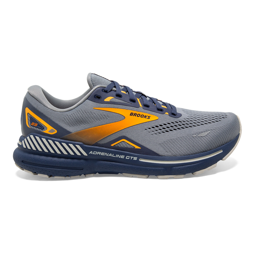 Men's Brooks Adrenaline GTS 23, Grey/Crown Blue/Orange, 8 D Medium - Skoutley Outdoors LLC