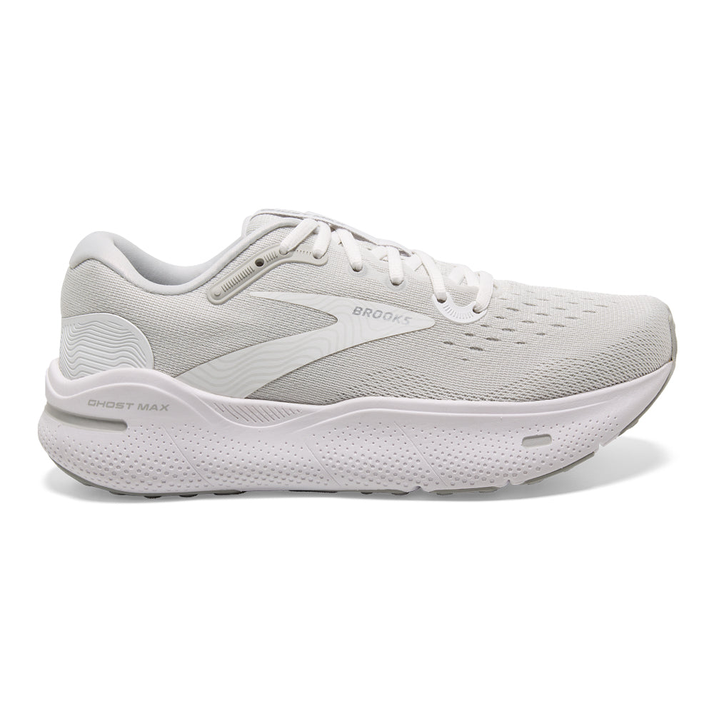 Men's Brooks Ghost Max, White/Oyster/Metallic Silver, 8 D Medium - Skoutley Outdoors LLC