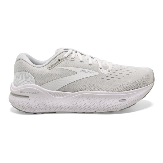 Men's Brooks Ghost Max, White/Oyster/Metallic Silver, 8 D Medium - Skoutley Outdoors LLC