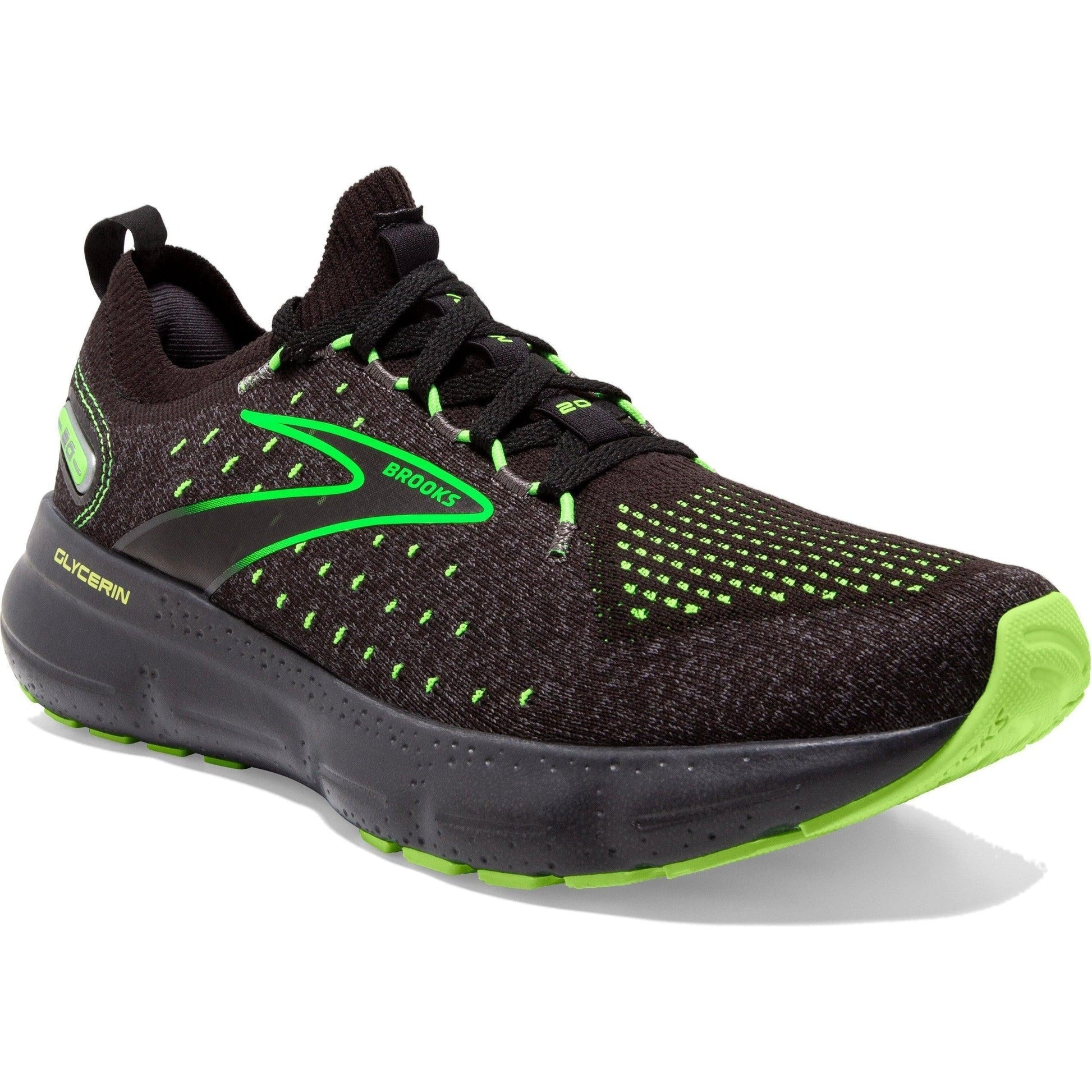 Men's Brooks Glycerin StealthFit 20, Black/Pearl/Green Gecko, 8 D Medium - Skoutley Outdoors LLC