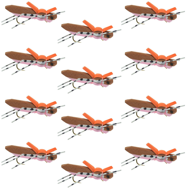 Load image into Gallery viewer, Moorish Hopper Brown Pink Foam Body Grasshopper Fly - 1 Dozen Flies Hook Size 10
