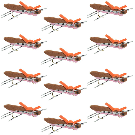 Moorish Hopper Brown Pink Foam Body Grasshopper Fly - 1 Dozen Flies Hook Size 10