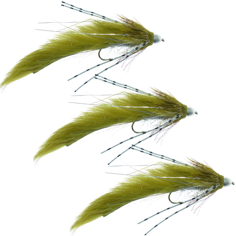 Load image into Gallery viewer, 3 Pack Cone Head Muddy Buddy Trout and Bass Streamer Fly Lunchables - Olive - Hook Size 4
