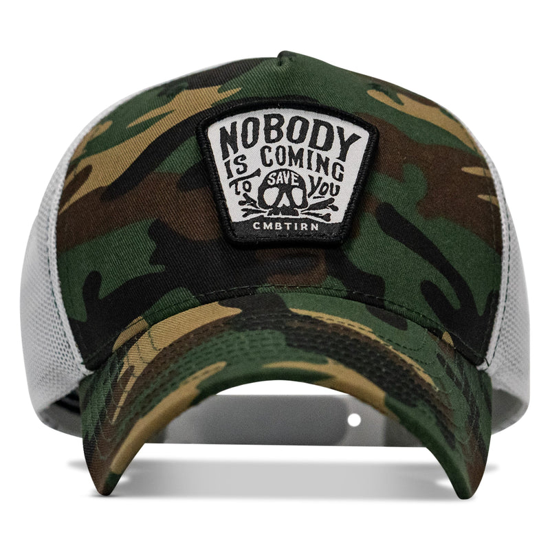 Load image into Gallery viewer, Nobody Is Coming To Save You Skull Patch Snapback Hat
