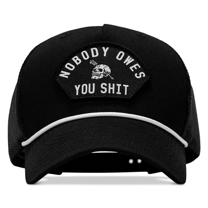 Load image into Gallery viewer, Nobody Owes You Shit Skull Arched Patch Rope Snapback
