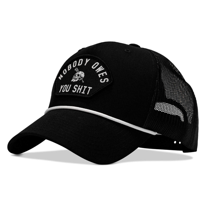 Load image into Gallery viewer, Nobody Owes You Shit Skull Arched Patch Rope Snapback
