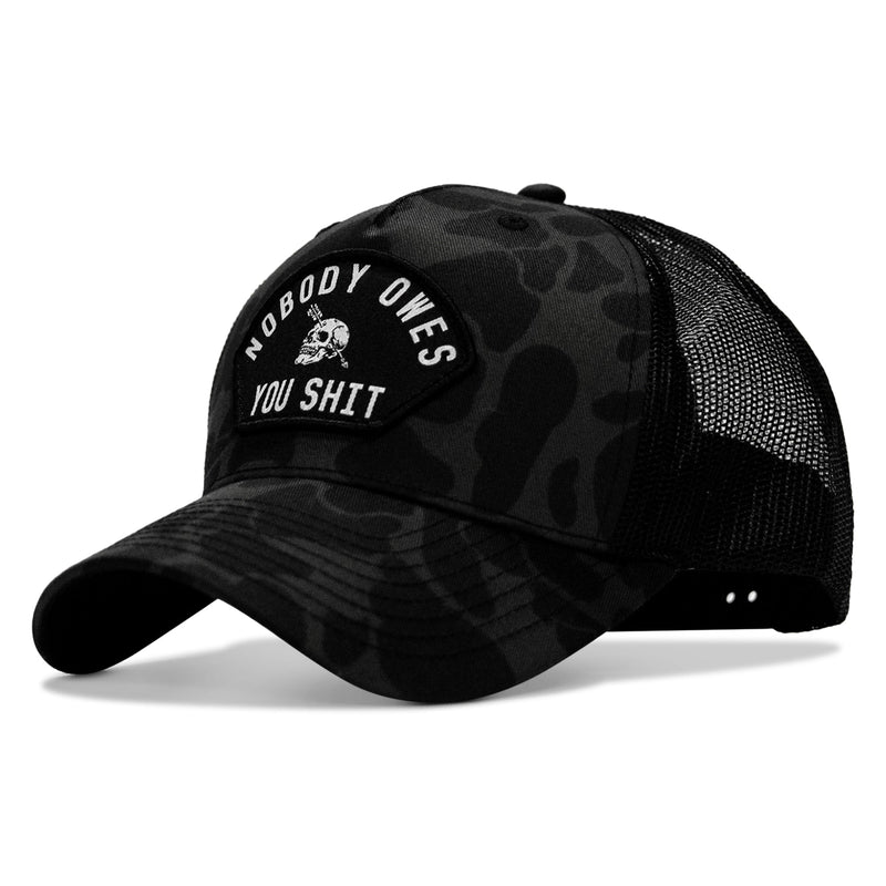 Load image into Gallery viewer, Nobody Owes You Shit Arched Skull Patch Snapback
