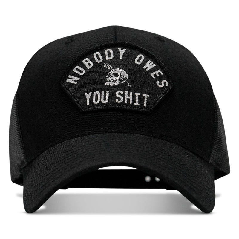 Load image into Gallery viewer, Nobody Owes You Shit Arched Skull Patch Snapback
