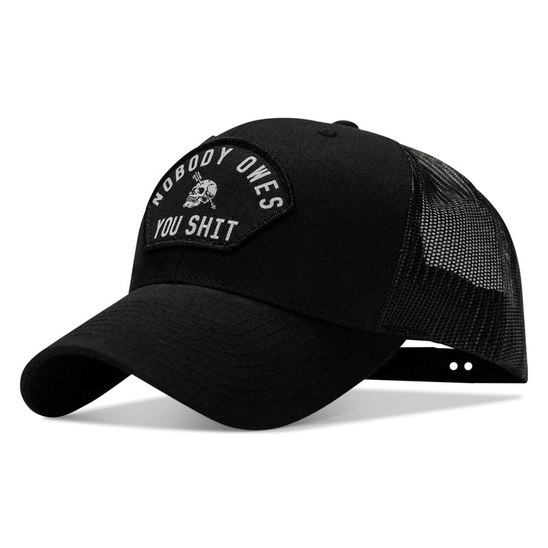 Load image into Gallery viewer, Nobody Owes You Shit Arched Skull Patch Snapback
