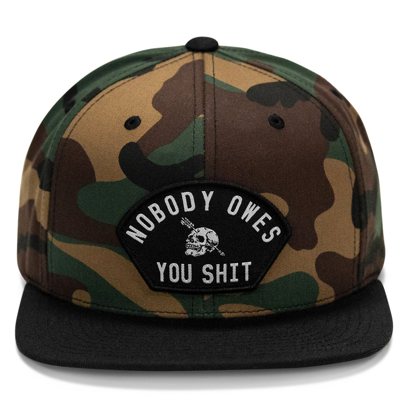 Load image into Gallery viewer, Nobody Owes You Shit Arched Patch Flatbill SnapBack Hat
