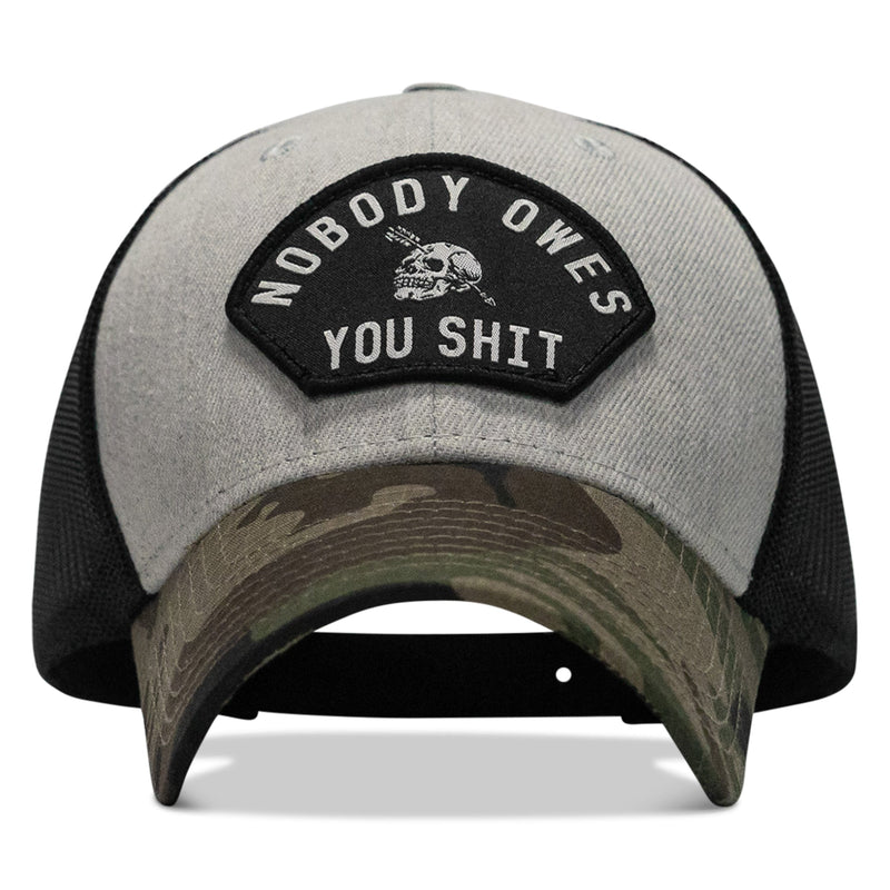 Load image into Gallery viewer, Nobody Owes You Shit Arched Skull Patch Snapback
