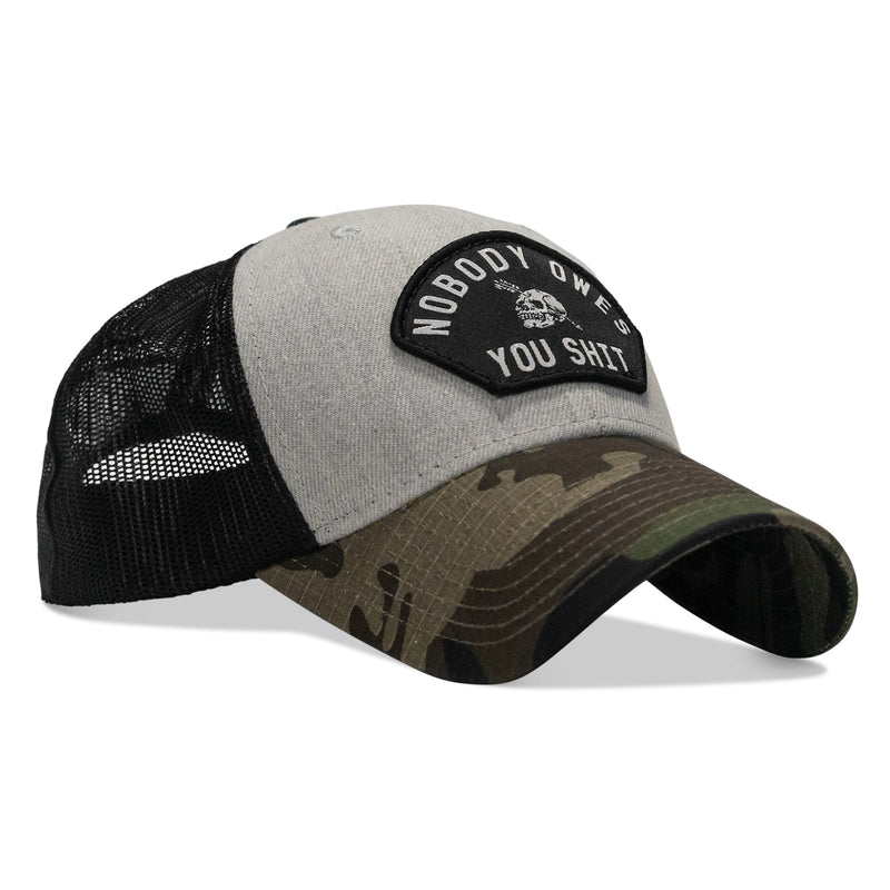 Load image into Gallery viewer, Nobody Owes You Shit Arched Skull Patch Snapback
