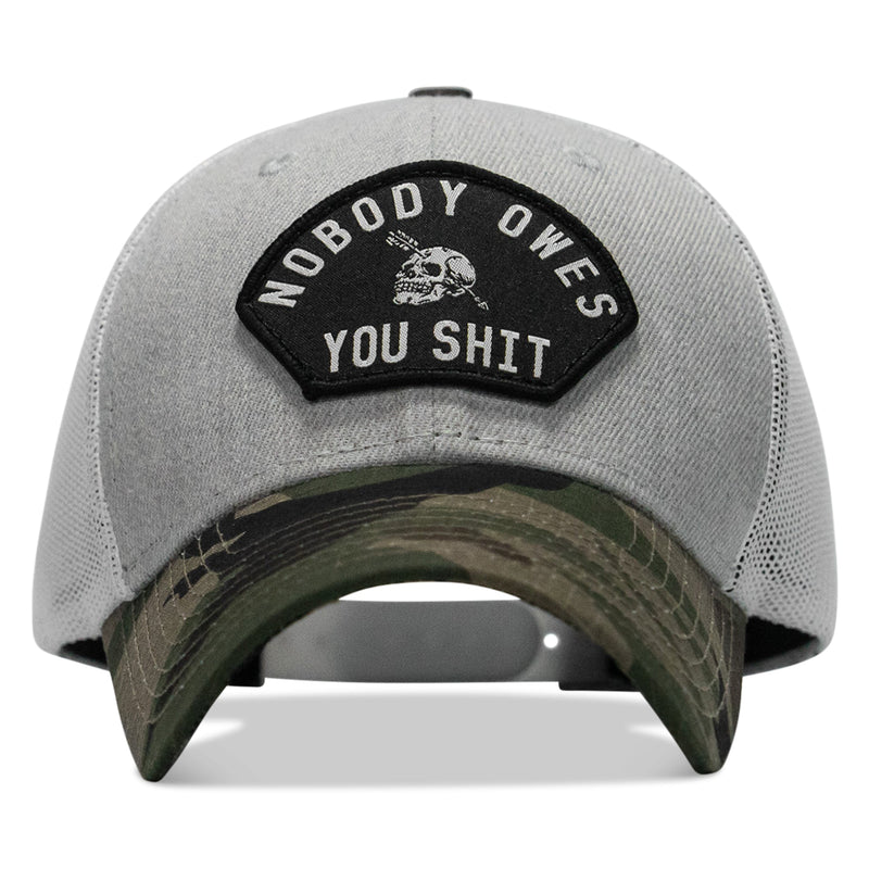 Load image into Gallery viewer, Nobody Owes You Shit Arched Skull Patch Snapback
