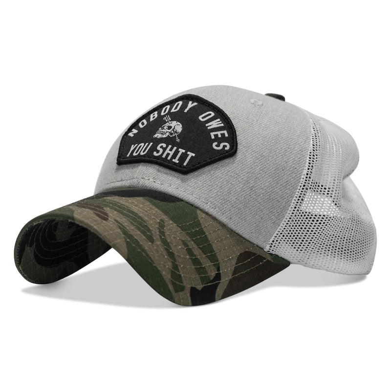 Load image into Gallery viewer, Nobody Owes You Shit Arched Skull Patch Snapback
