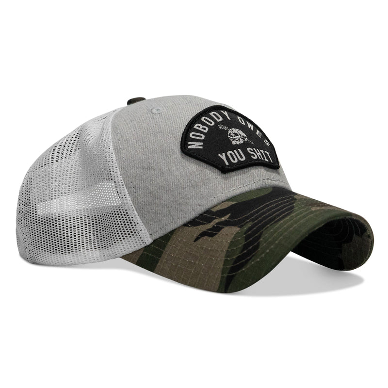 Load image into Gallery viewer, Nobody Owes You Shit Arched Skull Patch Snapback
