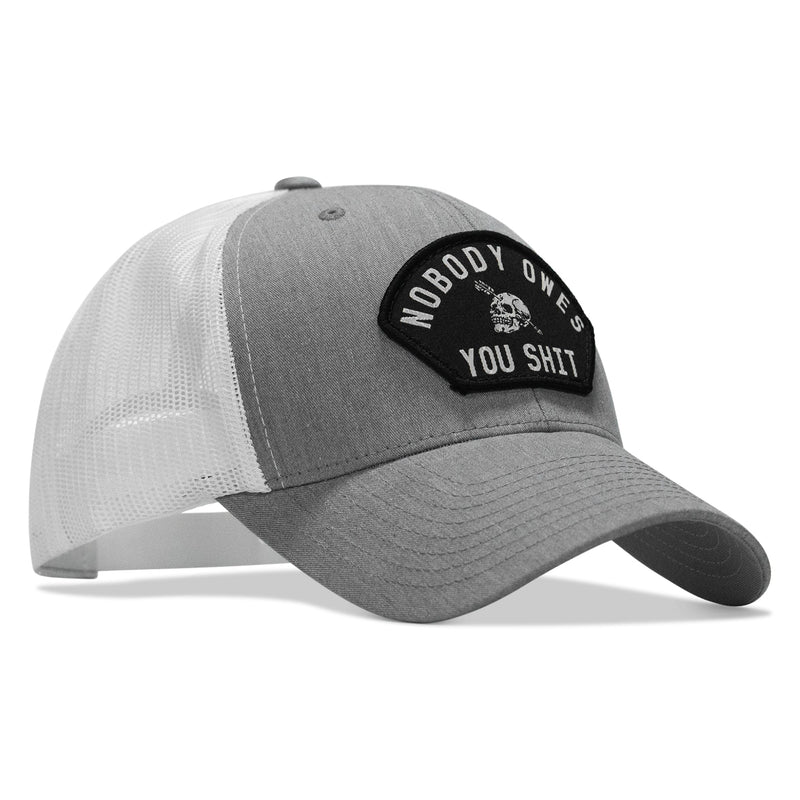 Load image into Gallery viewer, Nobody Owes You Shit Arched Skull Patch Snapback

