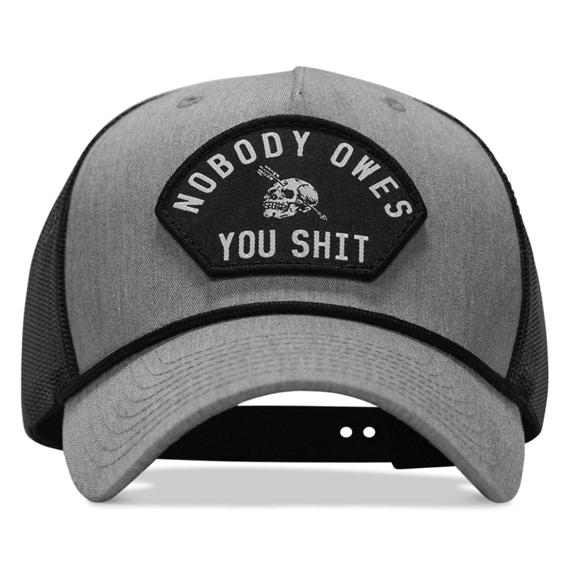 Load image into Gallery viewer, Nobody Owes You Shit Skull Arched Patch Rope Snapback
