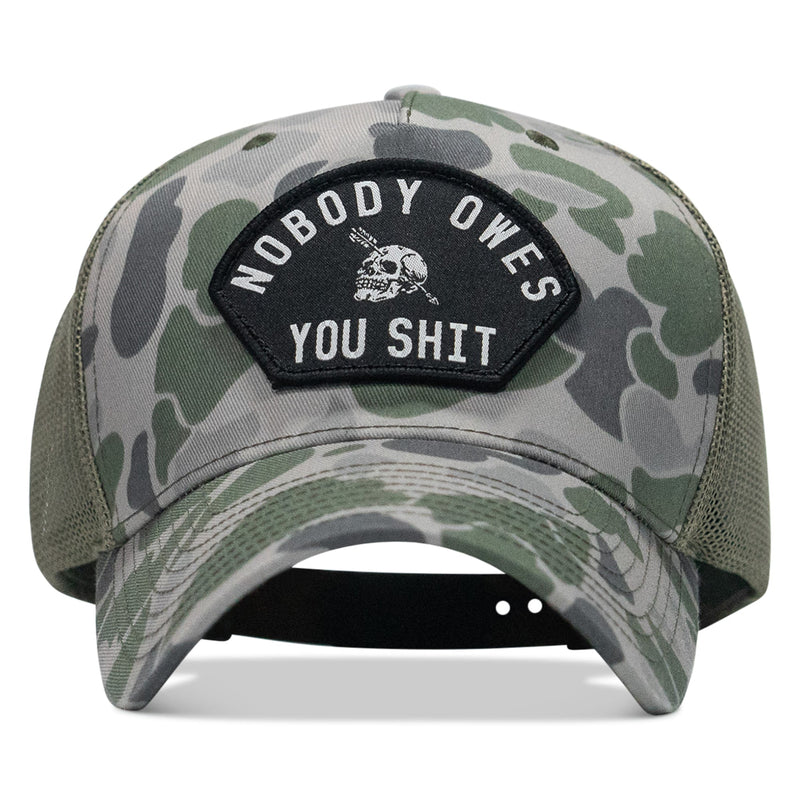 Load image into Gallery viewer, Nobody Owes You Shit Arched Skull Patch Snapback
